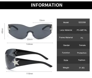 Size guide for Y2K star sunglasses showing lens width 72mm and 31.6g weight specs