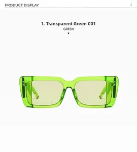 Front detail of square frame sunglasses in transparent green with yellow lenses