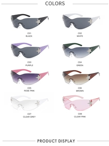 Detailed grid of Y2K star wrap sunglasses in eight stylish color variants