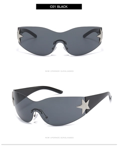 Detail view of oversized rimless star sunglasses with silver accents and wide temples
