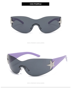 Detail of C03 Purple Y2K sunglasses featuring silver star decor on temples