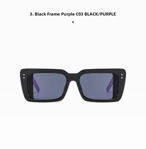 Close-up of square black frame sunglasses with purple arms and silver metal rivets