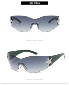 Detail view of Y2K star sunglasses with green frames and silver metal star accents
