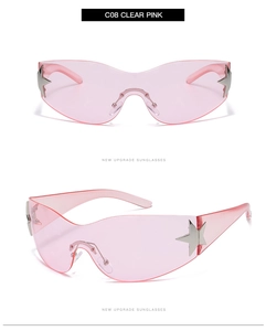 Detail view of pink rimless Y2K sunglasses with silver star decor and C08 color code