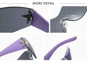 Detail of purple temples and metal star hinges on oversized retro sunglasses