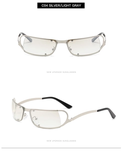 Vista dettagliata di occhiali da sole Y2K semi-rimless argento con lenti grigio chiaro