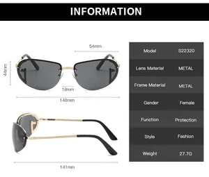 Detailed size chart for Y2K oval sunglasses S22320 with dimensions and metal frame specs