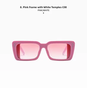 Detail view of pink frame sunglasses with white temples and gradient lenses, color C08