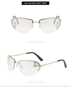 Close-up of silver-tone oval sunglasses featuring hollow-out metal lens detail and grey tint