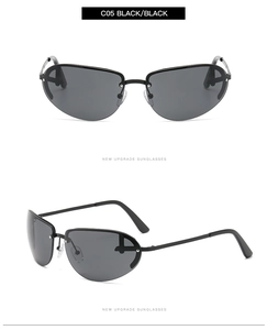 Macro view of C05 black oval Y2K sunglasses with sleek metal temples on white background