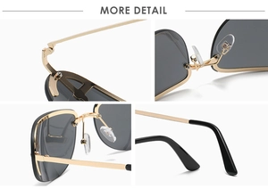 Detail view of gold metal frame sunglasses showing hinges, nose pads, and temple tips