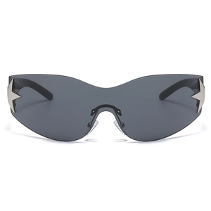 Retro oversized star-accented wrap sunglasses with dark grey shield lens for women