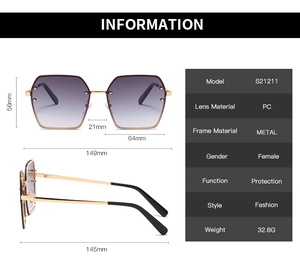 Technical size guide of square metal sunglasses featuring gradient lenses and dimensions