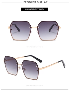 Detail view of square rimless sunglasses with gradient grey lenses and golden metal frame