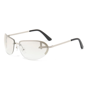 Retro Y2K oval rimless sunglasses with silver metal frame and unique P-shaped lens detail