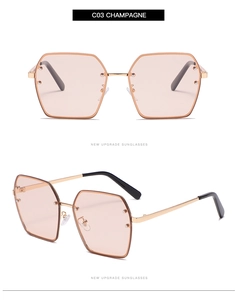 Front and side views of champagne square rimless sunglasses with gold metal temples