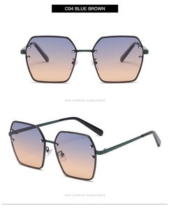 Detail view of C04 Blue Brown gradient hexagonal sunglasses with silver rivets and metal frame