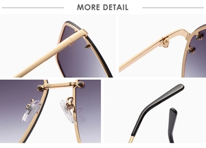 Detailed view of golden metal frame square sunglasses with purple gradient lenses
