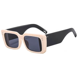 Fashionable rectangle sunglasses with cream frames, thick black temples, and grey lenses