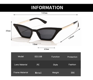 Detailed technical specifications and dimension chart for small cat eye metal sunglasses