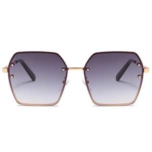 Oversized rimless hexagonal sunglasses with gradient purple lenses and metal rivets