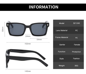 Detailed size chart and technical dimensions for vintage square frame sunglasses
