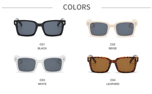 Detailed grid view of four retro square sunglasses in black, beige, white and leopard colors