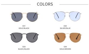 Detailed comparison of vintage metal frame sunglasses in black, blue, and tea lens colors