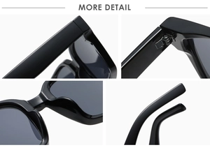 Detail view of bold black square sunglasses frames and sturdy metal hinges