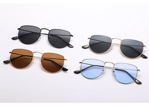 Detailed grid view of slim vintage metal sunglasses in four different color frames