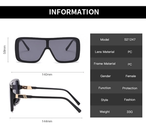 Detailed size chart for oversized square sunglasses featuring PC frame and grey lenses
