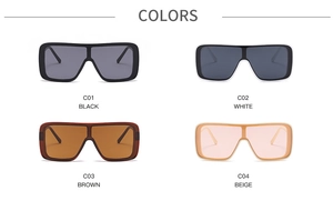 Four colors of square oversized sunglasses including black, white, amber, and beige options