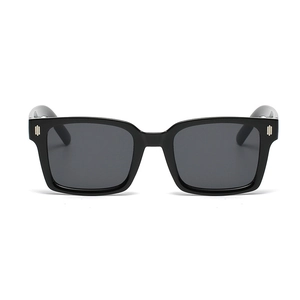 Retro small square black sunglasses with silver rivet accents and dark grey lenses