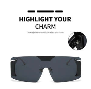 Detail of rimless oversized sunglasses showing sturdy metal hinges and side structure