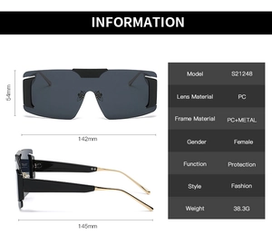 Detailed size chart for rimless oversized sunglasses with metal temples and PC lenses