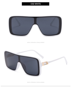 Front and 45-degree view of white oversized square sunglasses with gold hinge detail