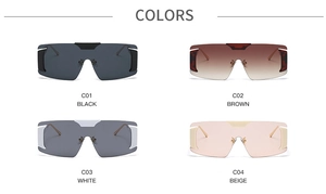 Matrix showing four colors of rimless oversized sunglasses including black and brown