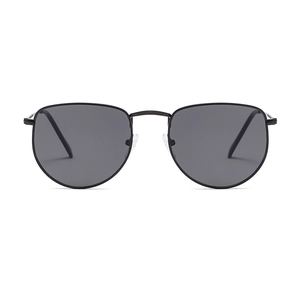 Classic retro metal thin frame sunglasses with dark grey lenses on white background