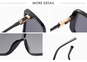 Detail view of square sunglasses with gold hinge accents and integrated nose pads