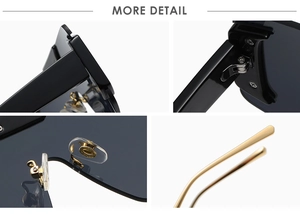 Detailed views of rimless oversized sunglasses showing hinges, nose pads, and metal temples