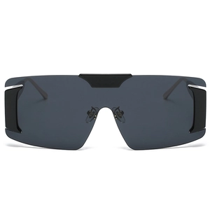 Futuristic rimless oversized sunglasses with grey lenses and black industrial frame design