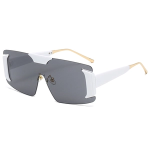 Modern rimless oversized shield sunglasses with white frame and gold metal temples