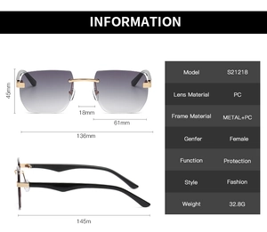 Detailed dimension guide for rimless square sunglasses showing frame width and lens size