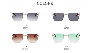Detail view of four color options for rimless square sunglasses with gold metal frames