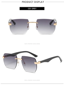 Front and side view of rimless square sunglasses with grey lenses and gold metal accents