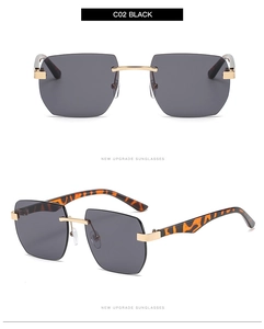 Detail view of rimless square sunglasses with gold bridge and leopard print temples