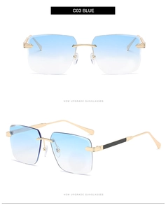 Détail de lunettes de soleil carrées sans monture avec verres bleus et branches dorées