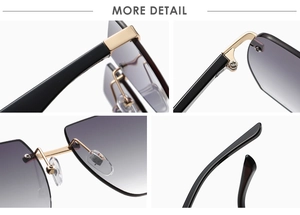 Detailed view of metal hinges, silicone nose pads, and gradient lenses on rimless sunglasses