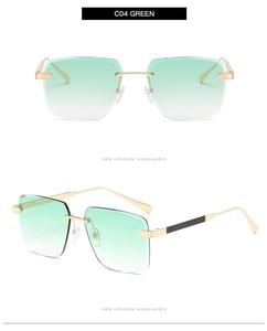 Détail des lunettes de soleil sans monture C04 Green avec verres dégradés et branches dorées