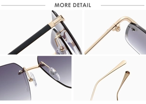 Vue détaillée de lunettes de soleil carrées sans monture avec verres dégradés violets